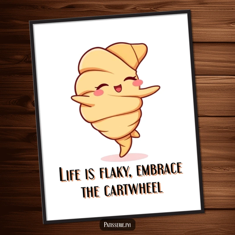 Funny Free Printable Wall Art: A croissant performing a cartwheel with a charming wink, adding quirky decor.