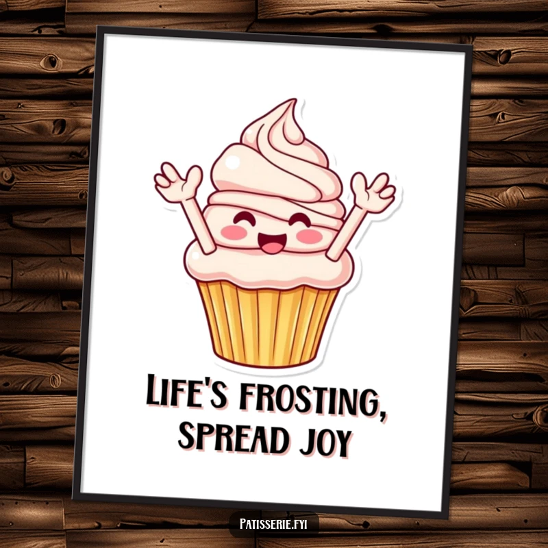 Funny Free Printable Wall Art: A smiling cupcake with arms enthusiastically flinging gobs of frosting everywhere.