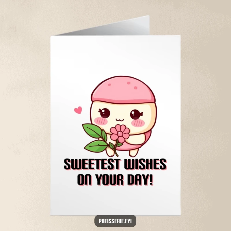 Funny Free Printable Birthday Card: A blushing macaron with rosy cheeks, holding a flower, sending sweet birthday wishes with humor.