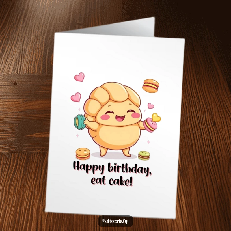 Funny Free Printable Birthday Card: A plump croissant character giggling while juggling tiny macarons, celebrating a birthday.