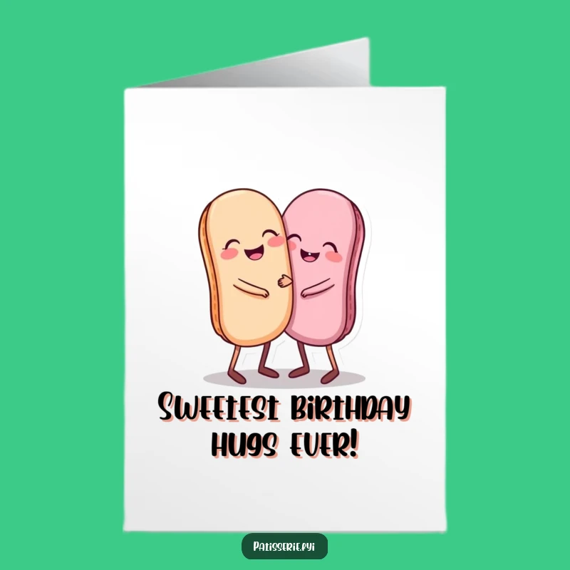 Free Printable Birthday Card: Giggling Macarons Hugging Funny Downloadable Gift