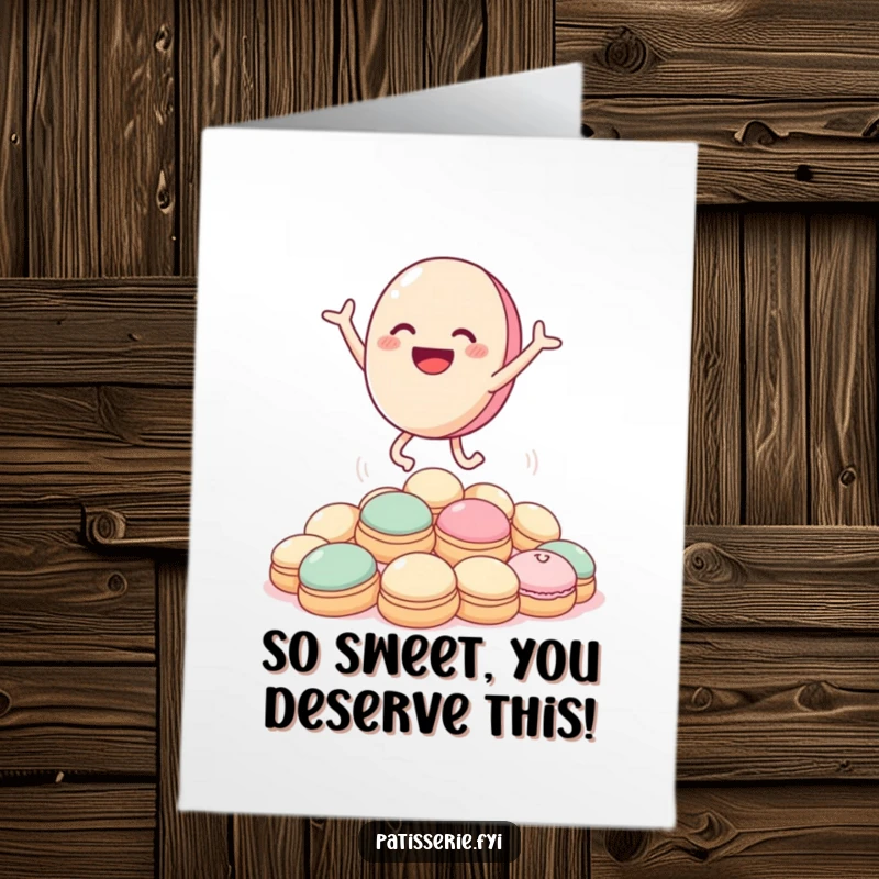 Funny Free Printable Birthday Card: Smiling macaron character joyfully leaping over cream puffs, celebrating a special day.