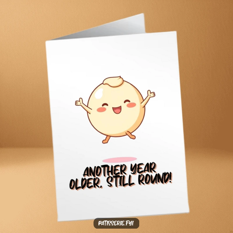 Funny free printable birthday card featuring a round pastry character with tiny legs leaping joyfully mid-air, ready to party.