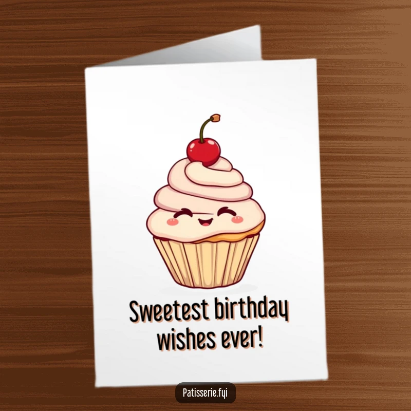Funny Free Printable Birthday Card: A cheerful cupcake character winks while triumphantly holding a cherry high.