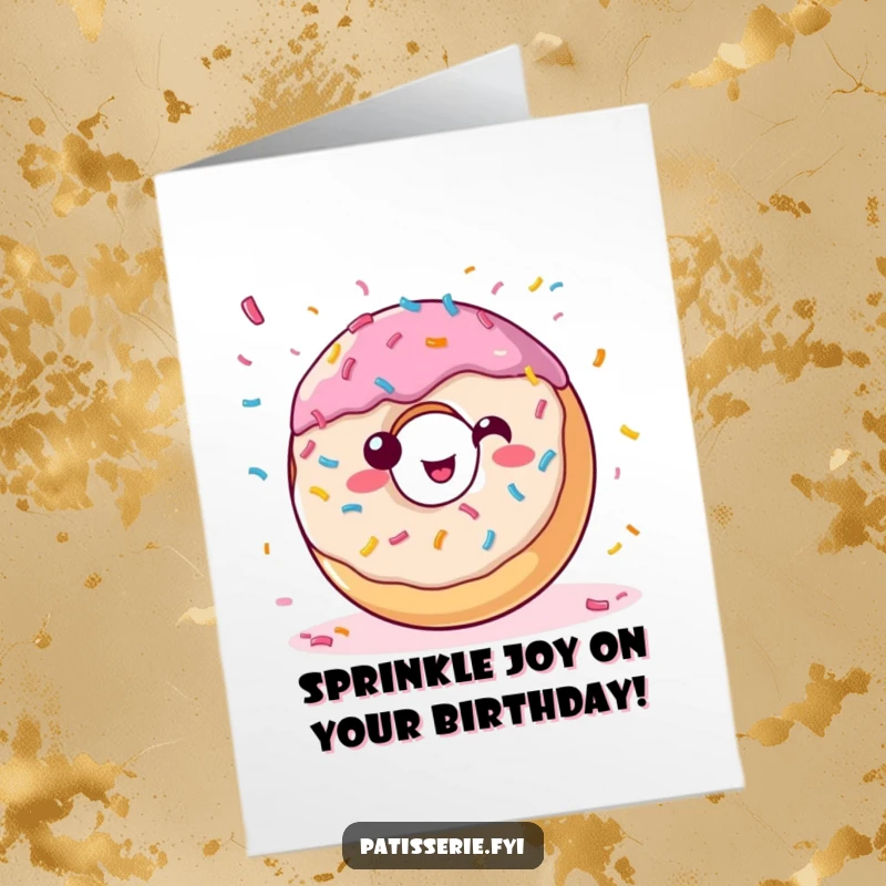 Funny Free Printable Birthday Card: A happy donut with colorful sprinkles joyfully throws confetti for a festive birthday.