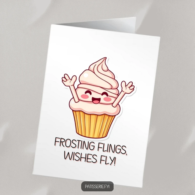 Funny Free Printable Birthday Card: A smiling cupcake joyfully flinging frosting with its arms in the air.