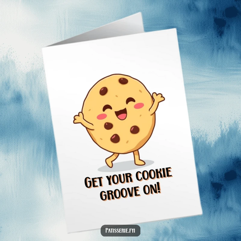 Funny Free Printable Birthday Card: A giddy chocolate chip cookie performs an energetic and silly dance for a happy celebration.