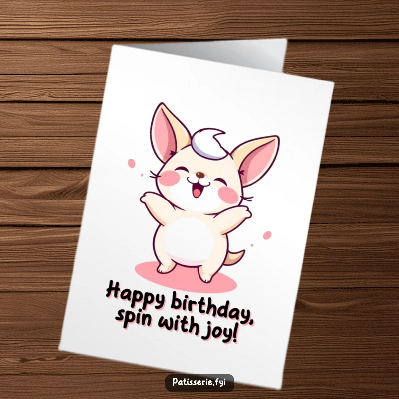 Funny Free Printable Birthday Card: A petit four spinning joyfully and giggling, perfect for a fun birthday wish.