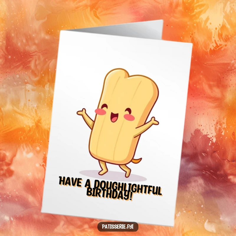 Funny Free Printable Birthday Card: A cheerful baguette character performs a silly jig, spreading birthday joy.