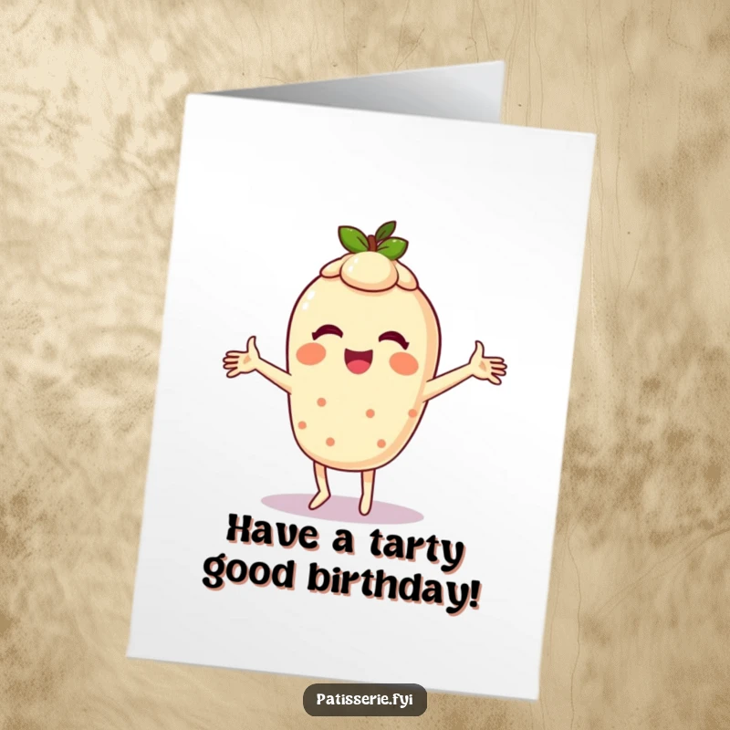 Funny Free Printable Birthday Card: A giggling tart character performs a silly dance with arms spinning wildly.