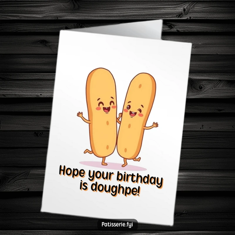 Funny Free Printable Happy Birthday card with a happy baguette character doing a silly dance with a breadstick partner, full of joy.