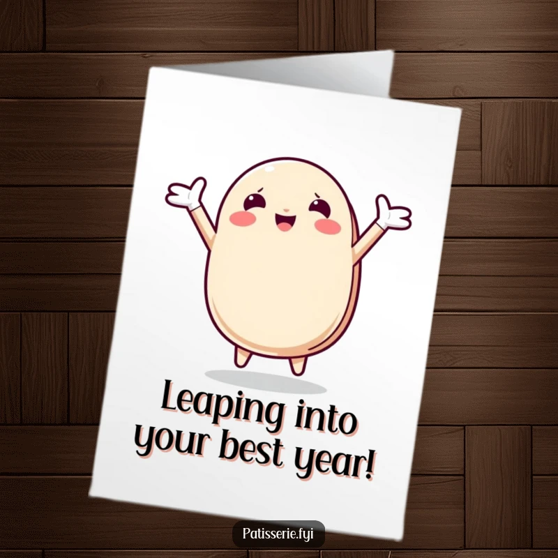 Funny Free Printable Birthday Card featuring a bright yellow macaron character leaping with joy, arms outstretched in delight.