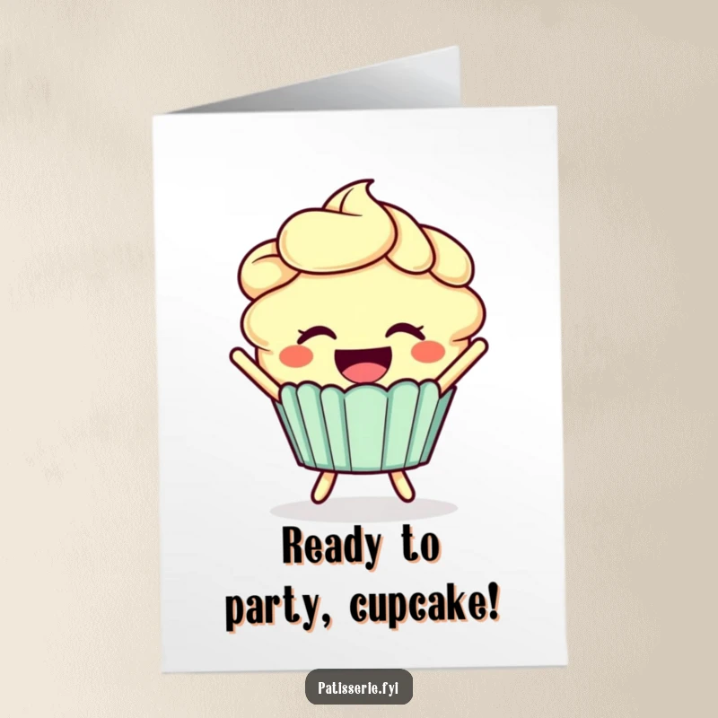 Funny Free Printable Birthday Card: A smiling cupcake with frosting hair leaps joyfully, conveying happy birthday wishes with humor.