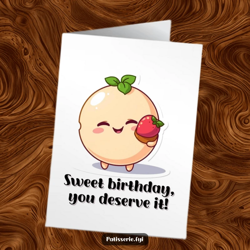 Funny Free Printable Birthday Card: A smiling macaron character winking and offering a tiny, delicious strawberry tart.