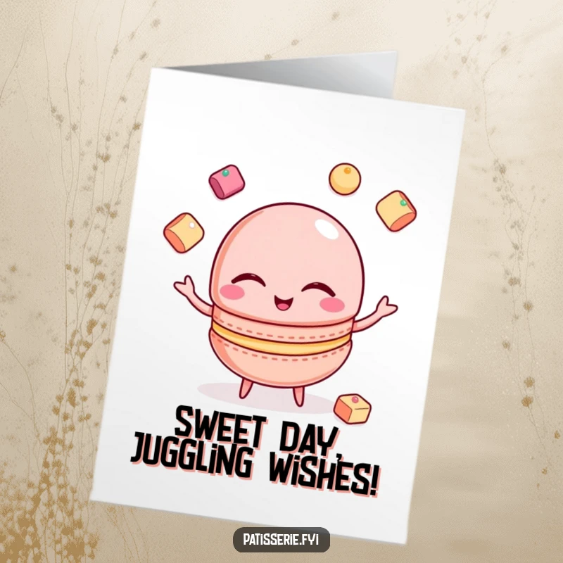 Funny Free Printable Birthday Card: A winking macaron expertly juggling three tiny sugar cubes with a smile.
