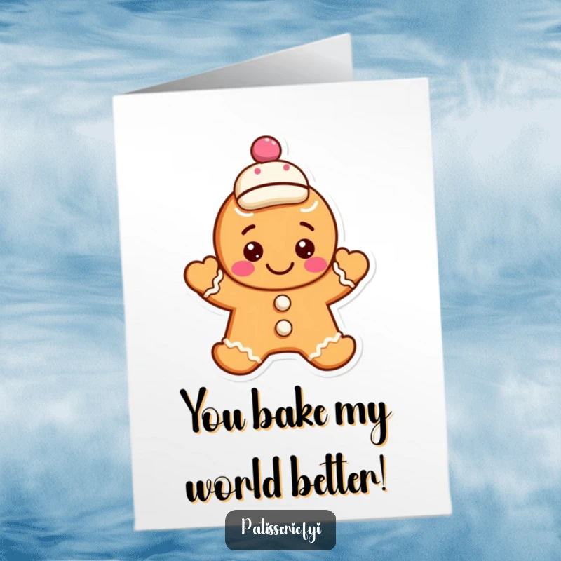 Funny Free Printable Birthday Card: A smiling gingerbread cookie waves cheerfully with a jaunty cap, ready to celebrate.
