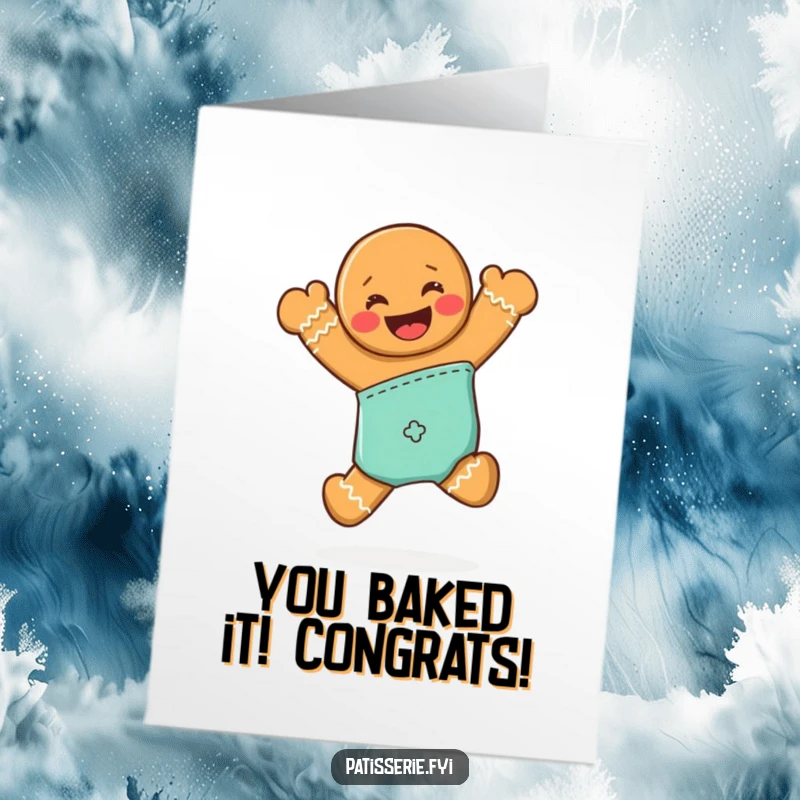 Funny Free Printable Congratulations card showing a grinning gingerbread man jumping joyfully from an oven mitt to celebrate.