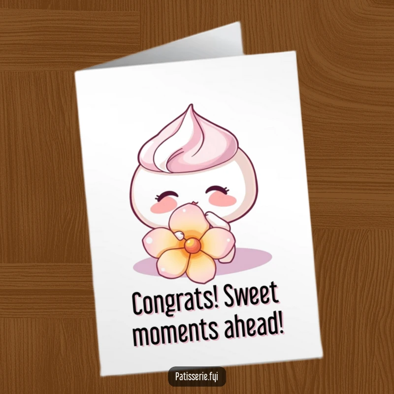 Funny Free Printable Congratulations Card: A meringue sharing a soft kiss with a flower petal, symbolizing sweet congratulations.