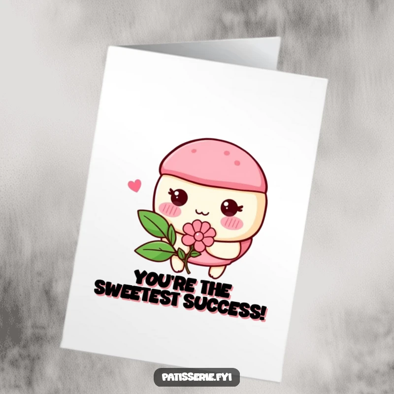 Free Printable Congratulations Card: A blushing macaron character with rosy cheeks, holding a flower, conveying sweet congratulations.