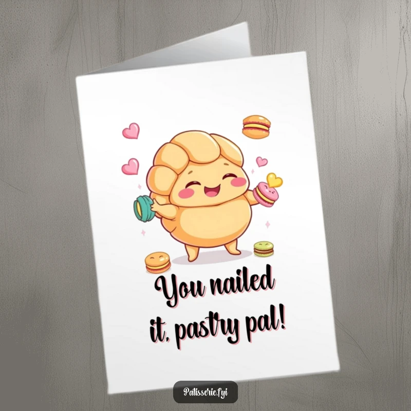 Funny Free Printable Congratulations Card: A plump croissant character giggling while juggling tiny macarons, celebrating your achievement.