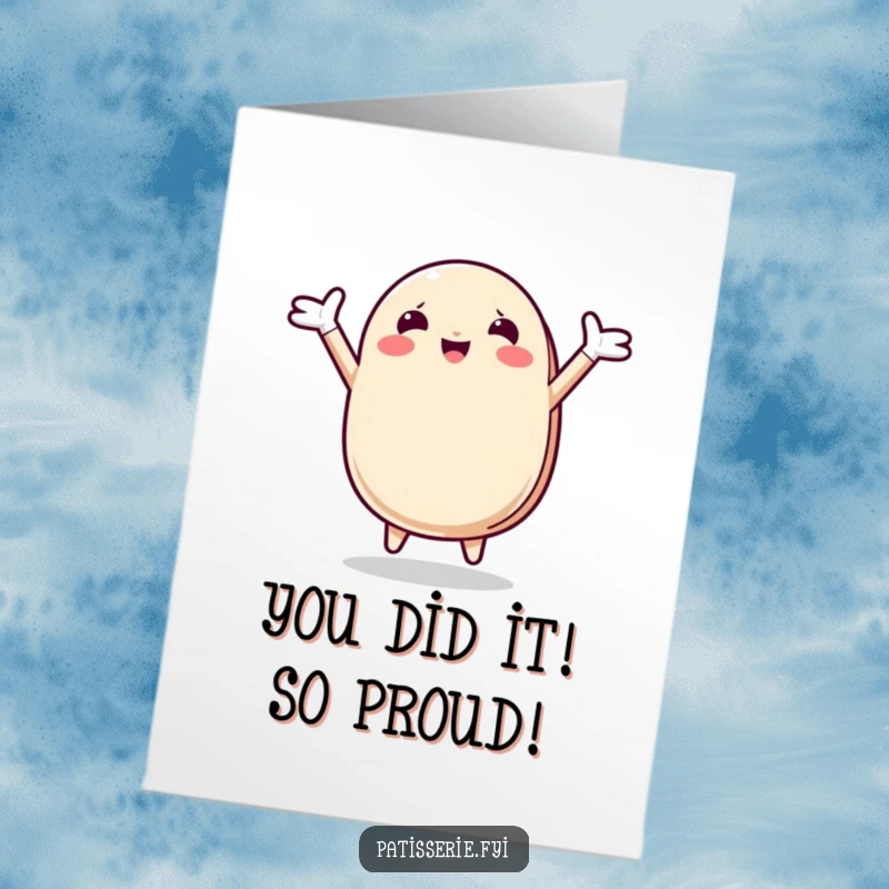 Funny Free Printable Congratulations Card with a cheerful macaron character jumping for joy with wide-open arms.
