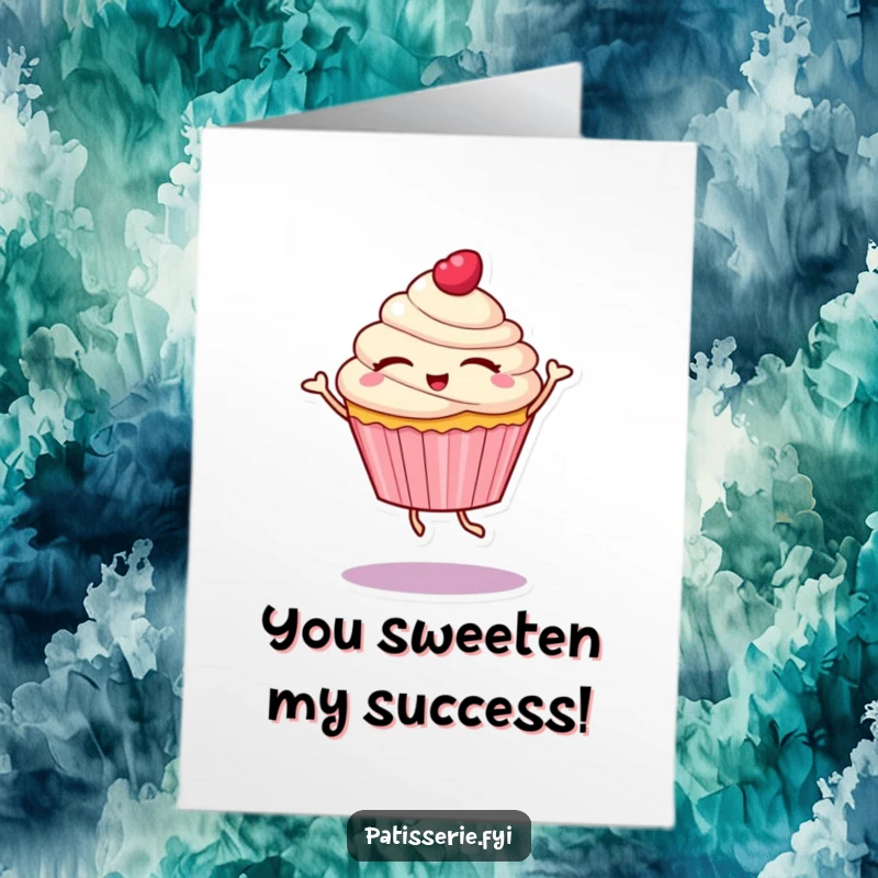 Funny free printable congratulations card featuring a cupcake character with eyes closed, dancing with pure delight and enthusiasm.