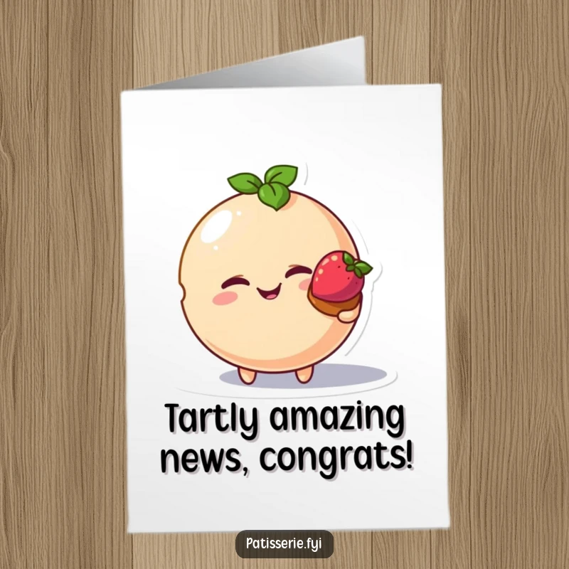 Funny Free Printable Congrats Card: A macaron character winking mischievously and presenting a tiny strawberry tart to celebrate.