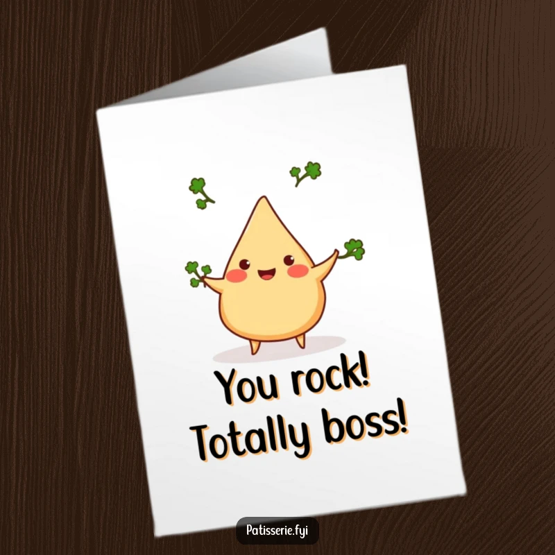 Funny Free Printable Congratulations Card: A cheerful samosa in mid-air juggling three cilantro sprigs with delight.