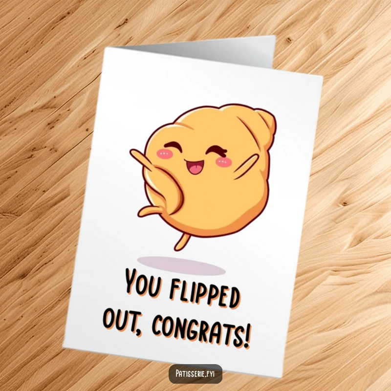 Funny Free Printable Congratulations Card: A winking croissant performs an energetic cartwheel, celebrating your big win.