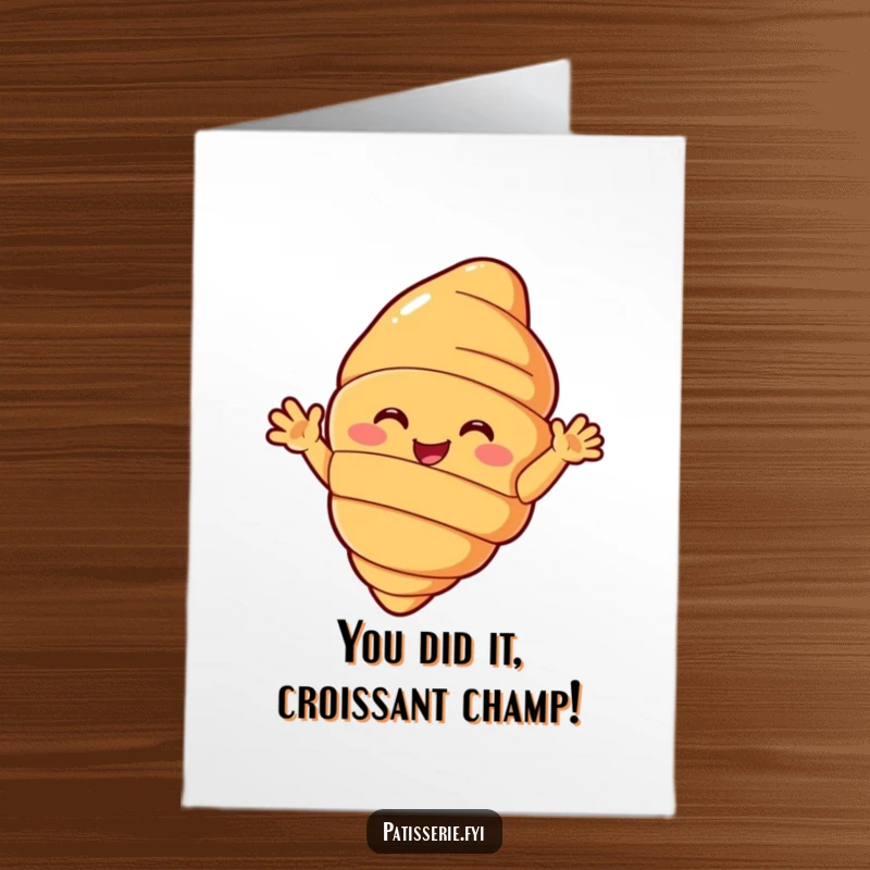 Funny Free Printable Croissant Congratulations Card: A beaming pastry character with small arms enthusiastically waving hello