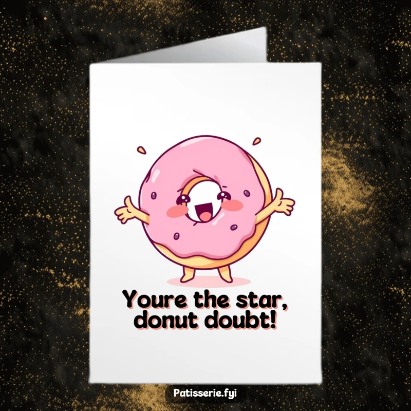 Funny Free Printable Donut Congratulations Card: A delighted donut character spinning with outstretched arms celebrating