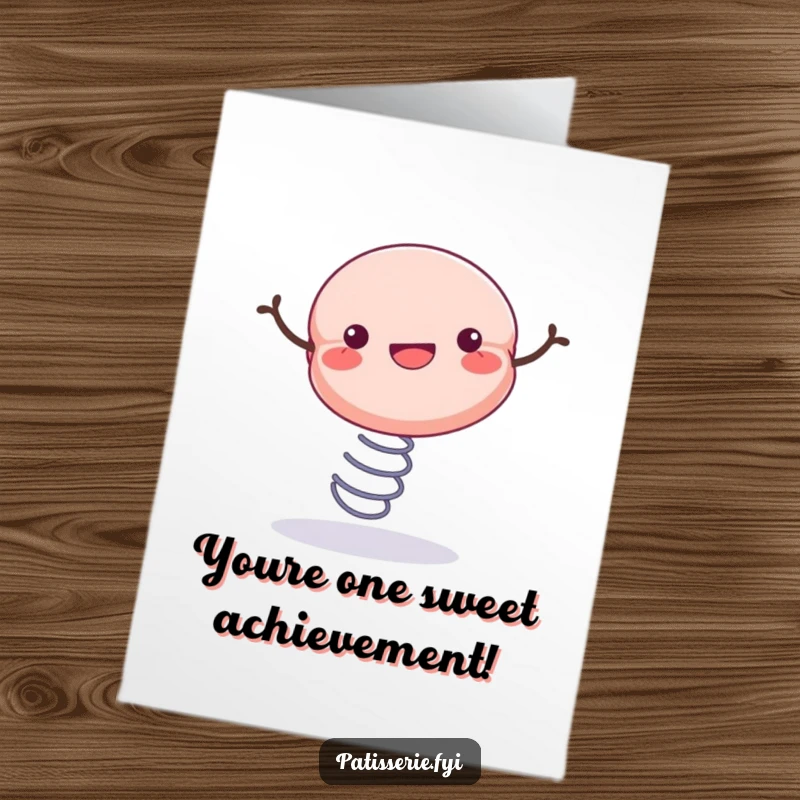Funny Free Printable Congrats Card: A cheerful macaron bouncing enthusiastically on a spring to celebrate someone's wonderful achievement.