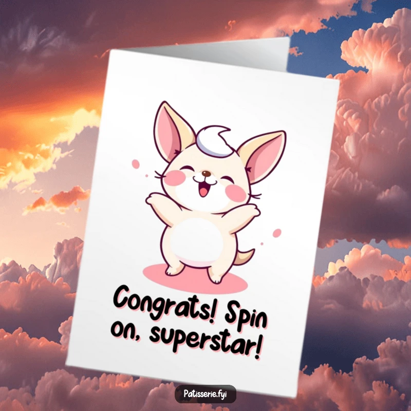 Funny Free Printable Congratulations Card: A happy petit four spinning in circles, celebrating a sweet success.