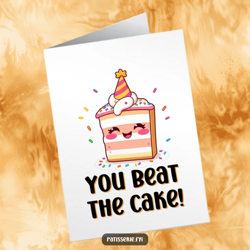 Funny Free Printable Congrats Card: A smiling cake juggles sprinkles with a party hat, celebrating great news.