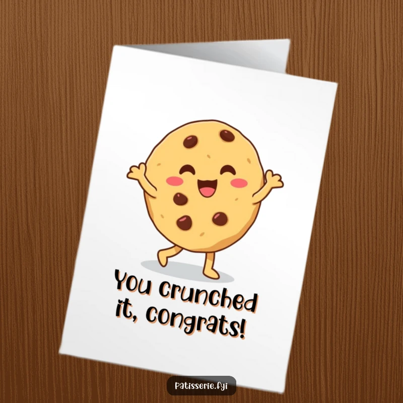 Funny Free Printable Congratulations Card: A giddy cookie with chocolate chips grooves joyfully, celebrating your awesome success.