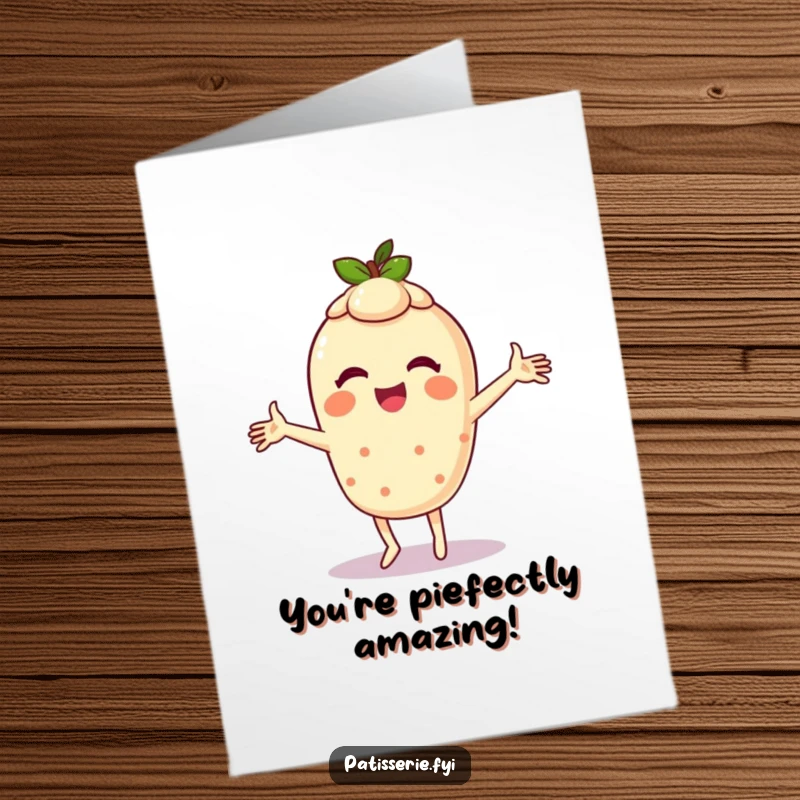 Funny Free Printable Congratulations Card: A happy tart character dances with glee, arms whirling.