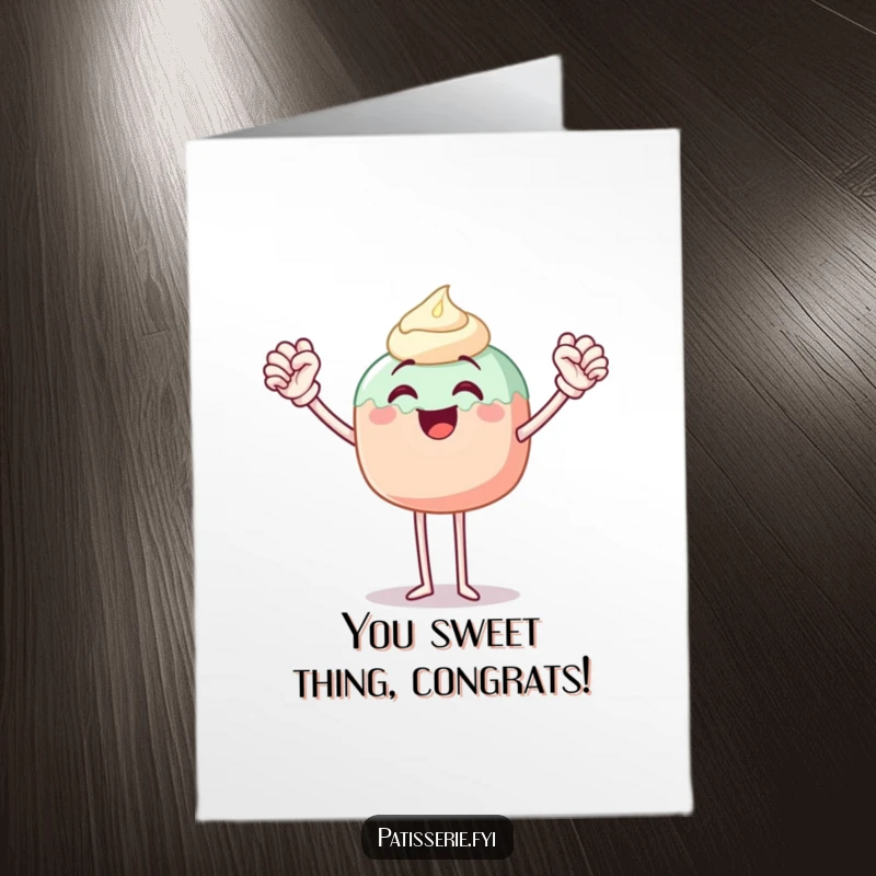 Funny Free Printable Congratulations Card: A joyous cake pop character pumps a fist in a triumphant celebration.