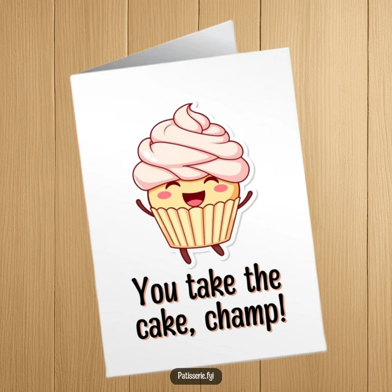 Funny Free Printable Congrats Card: A smiling cupcake with frosting hair joyfully leaping to celebrate a fantastic achievement.