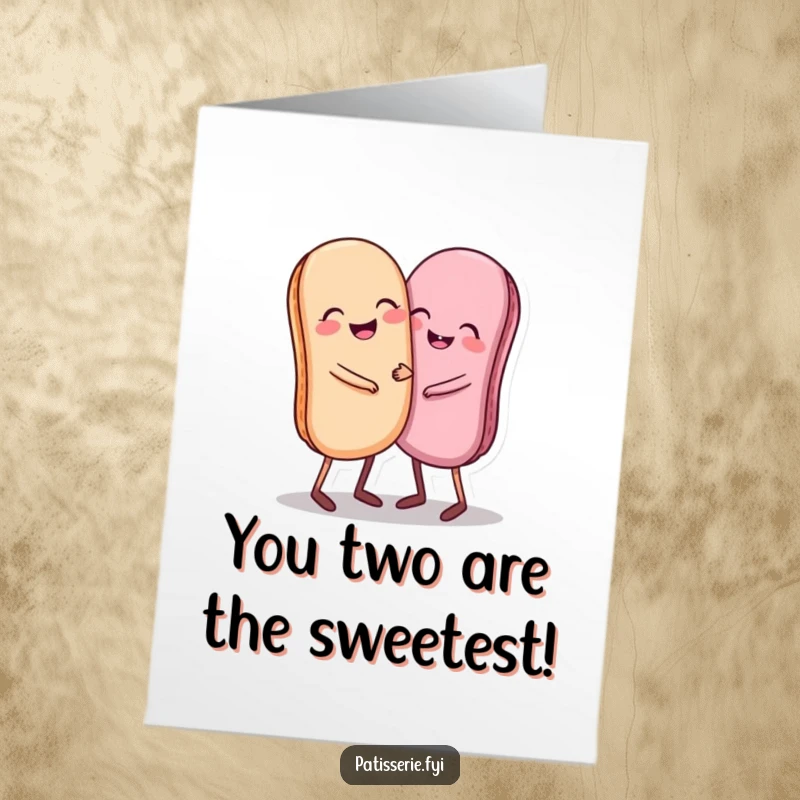 Funny Free Printable Congrats Card: Giggling macarons with little legs hug tightly, celebrating achievement.