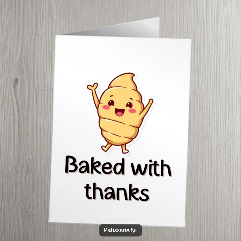 Funny Free Printable Thank You Card: A smiling croissant character jumps with thanks, arm raised.