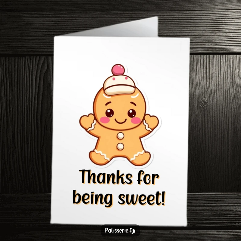 Funny Free Printable Thank You Card: A smiling gingerbread cookie in a jaunty cap waves hello, expressing thanks.