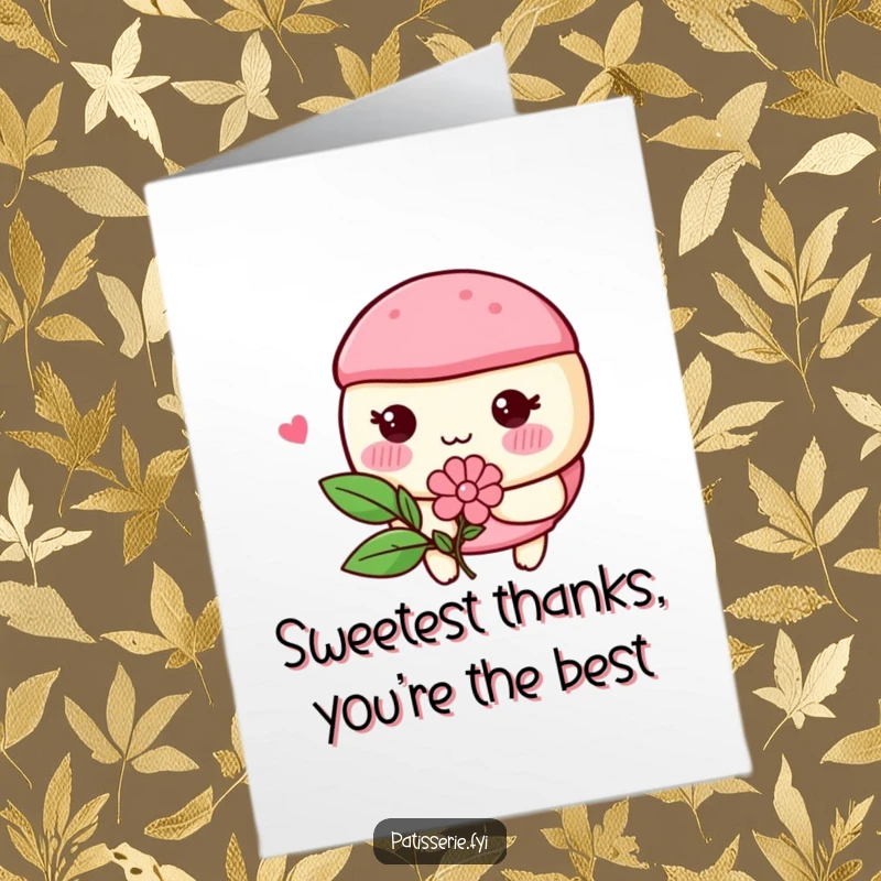 Funny Free Printable Thank You Card: A blushing macaron with rosy cheeks, holding a flower, expressing gratitude sweetly and humorously.