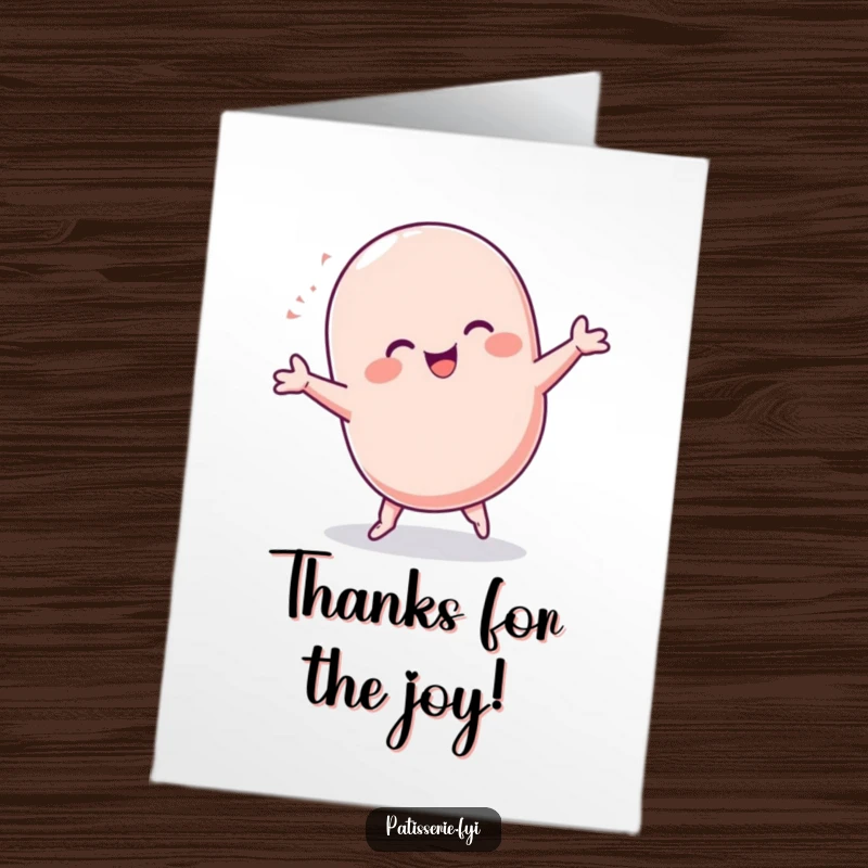 Funny Free Printable Thank You Card: Chubby macaron character performing an energetic cartwheel to express thanks.