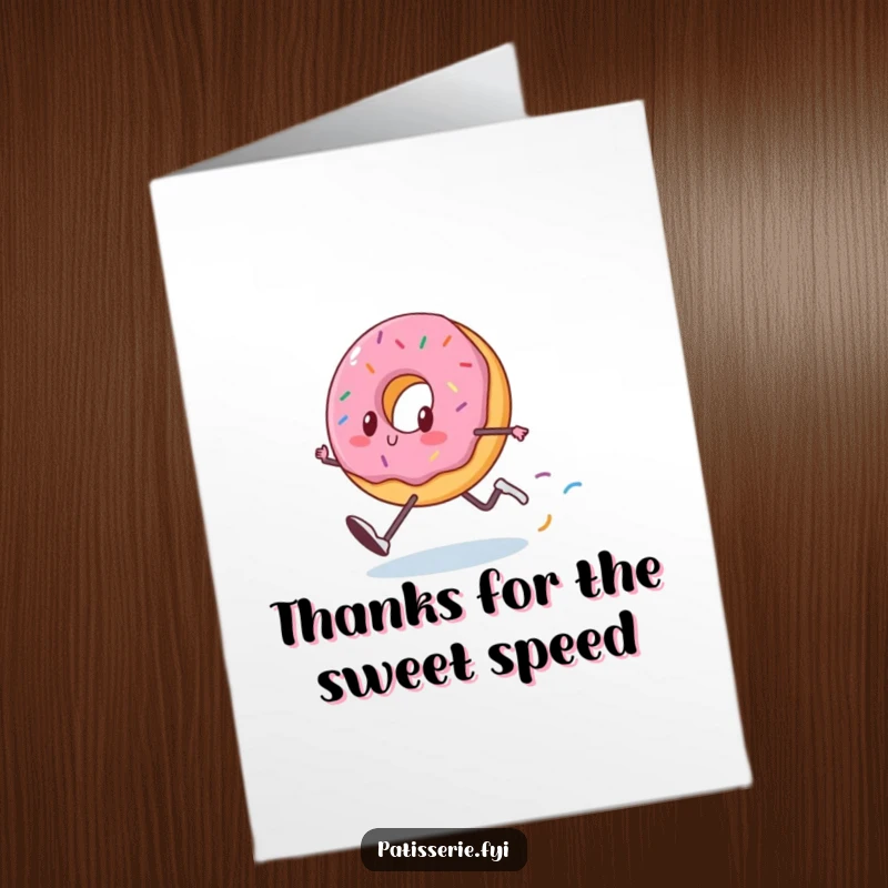 Funny Free Printable Thank You Card: A happy donut running at full speed, leaving a sprinkle trail, expressing thanks.