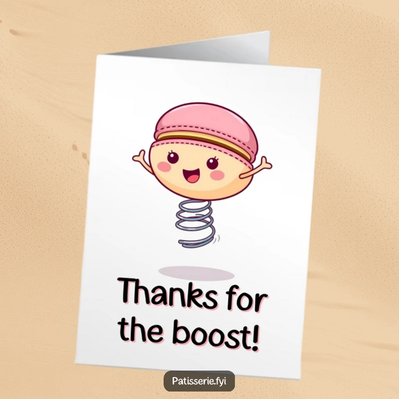 Funny Free Printable Thank You Card: A cheerful macaron bounces with glee on its spring, showing heartfelt thanks.