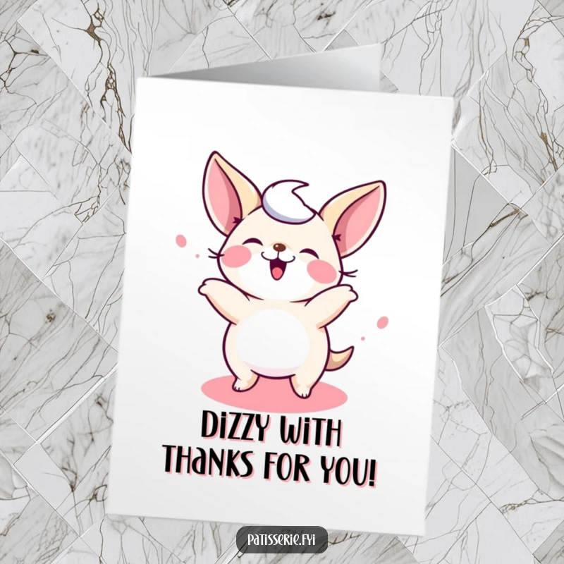 Funny Free Printable Thank You Card: A giggling petit four spinning ecstatically, offering thanks in a fun way.