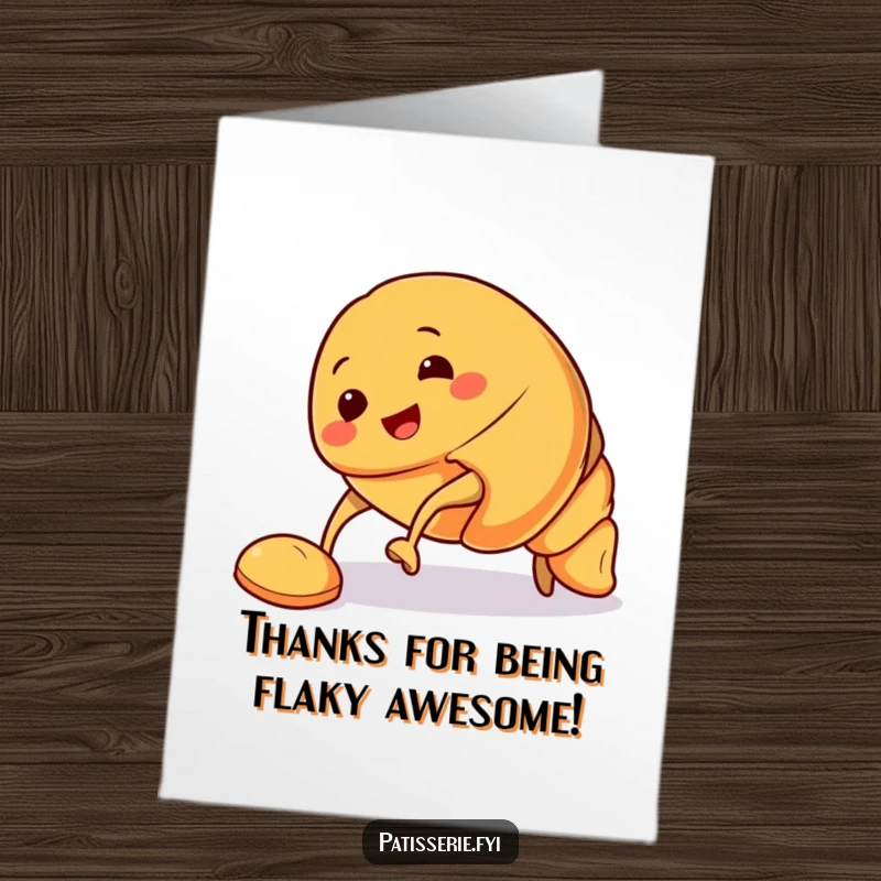 Funny Free Printable Thank You Card: Smiling croissant character tripping, offering thanks with a comical pose. Downloadable.
