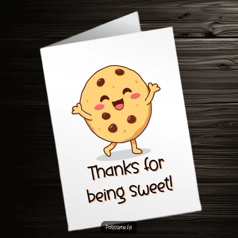 Funny Free Printable Thank You Card: A giddy chocolate chip cookie busts a move with a silly dance, expressing thanks.