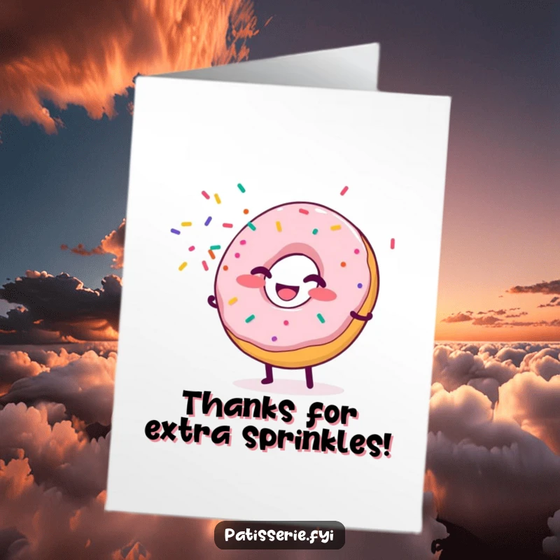 Funny Free Printable Thank You Card: Giggling donut spraying sprinkles like confetti, expressing thanks. Downloadable.