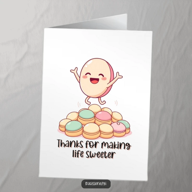 Funny Free Printable Thank You Card: Delighted macaron character jumping joyfully over cream puffs, expressing gratitude.